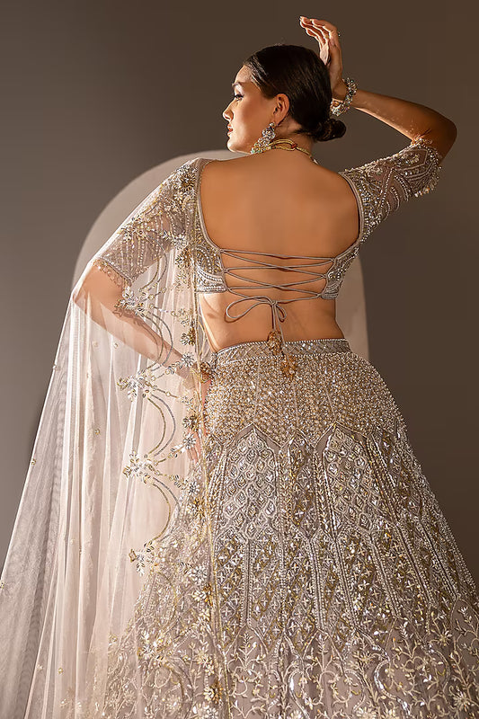 Grey Net Crystal & Pearl Work Lehenga Set