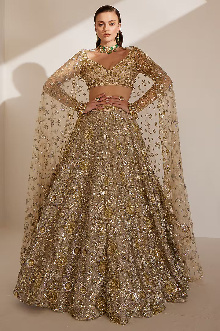 Ivory net sequins embroidered lehenga set