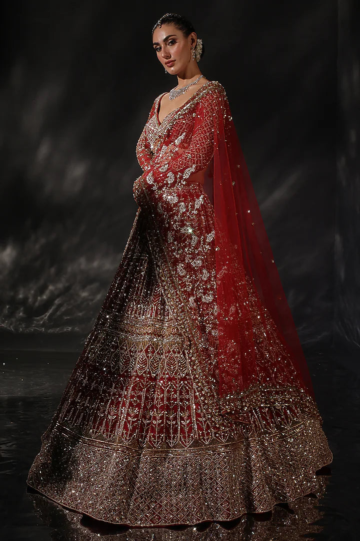 Red Silk Embroidered Lehenga Set
