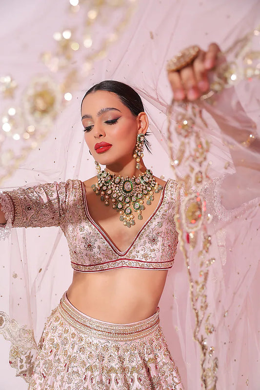 Powder Pink Raw Silk Aari & Zardosi Embellished Lehenga Set