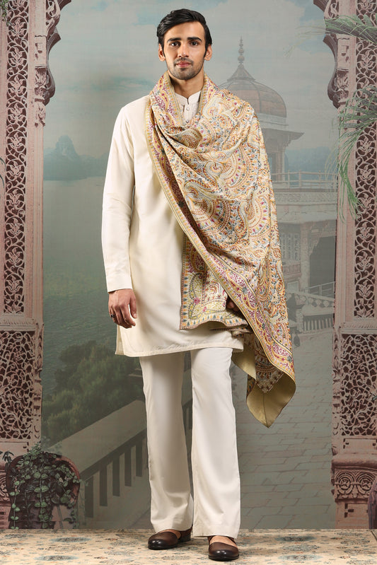 Ivory Silk Zardozi Embroidered Stole