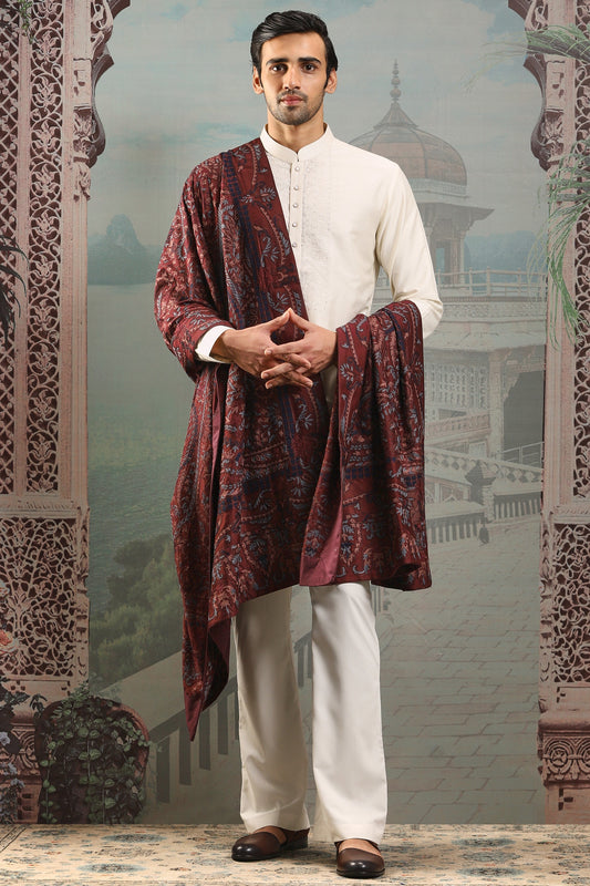 Maroon Silk Paisely Embroidered Stole