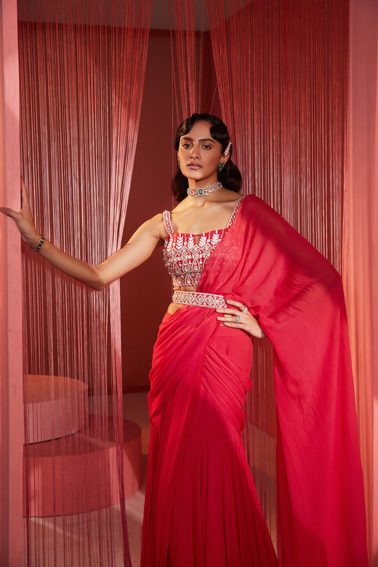 Coral Red Pre-Stitched Saree Blouse and Belt