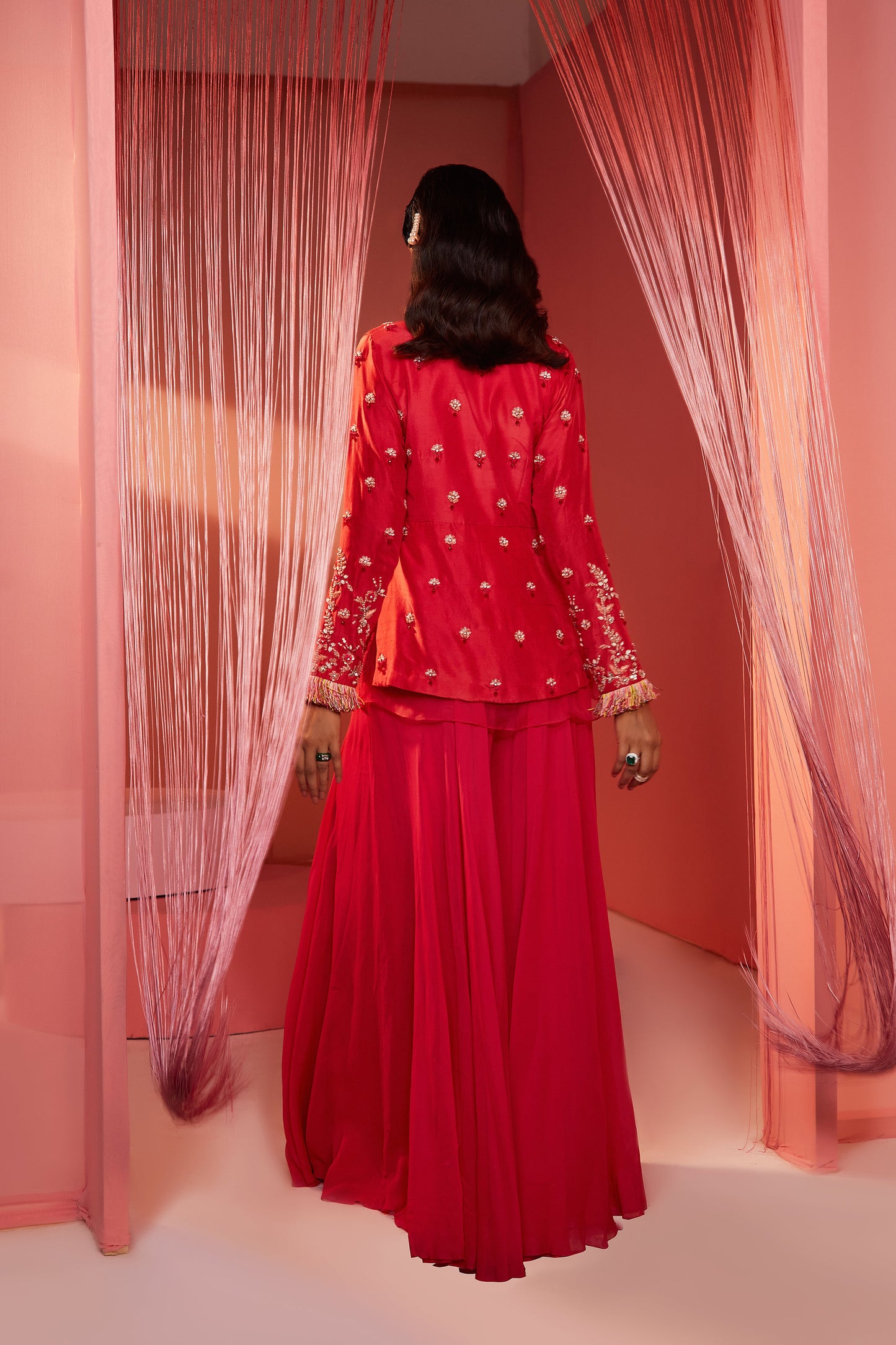 Coral Red Peplum Jacket with Pallazo Set