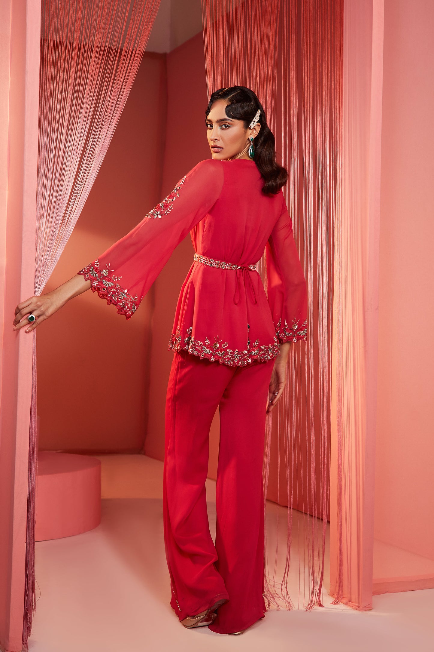 Coral Red Double Flap Kurta and Pants Set