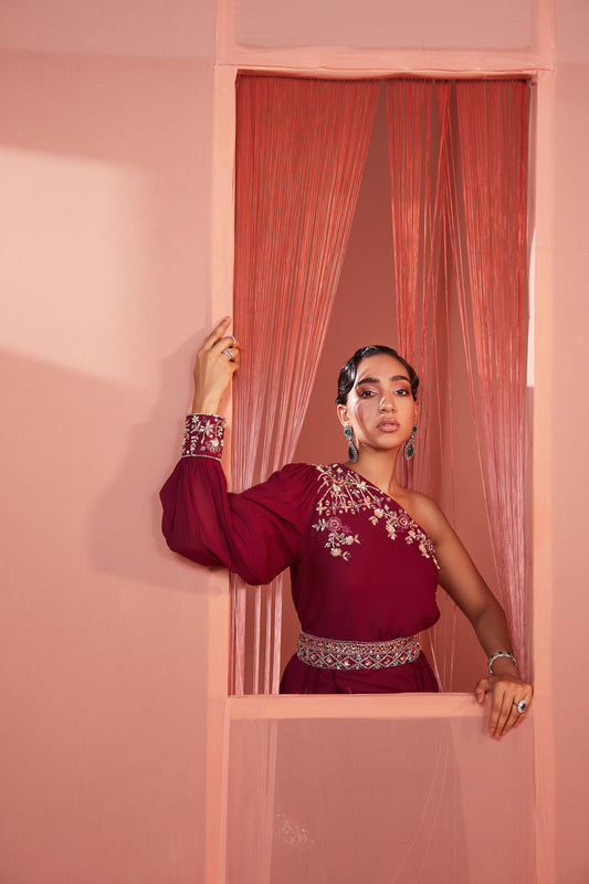 Plum One Shoulder Cape and Sharara Set