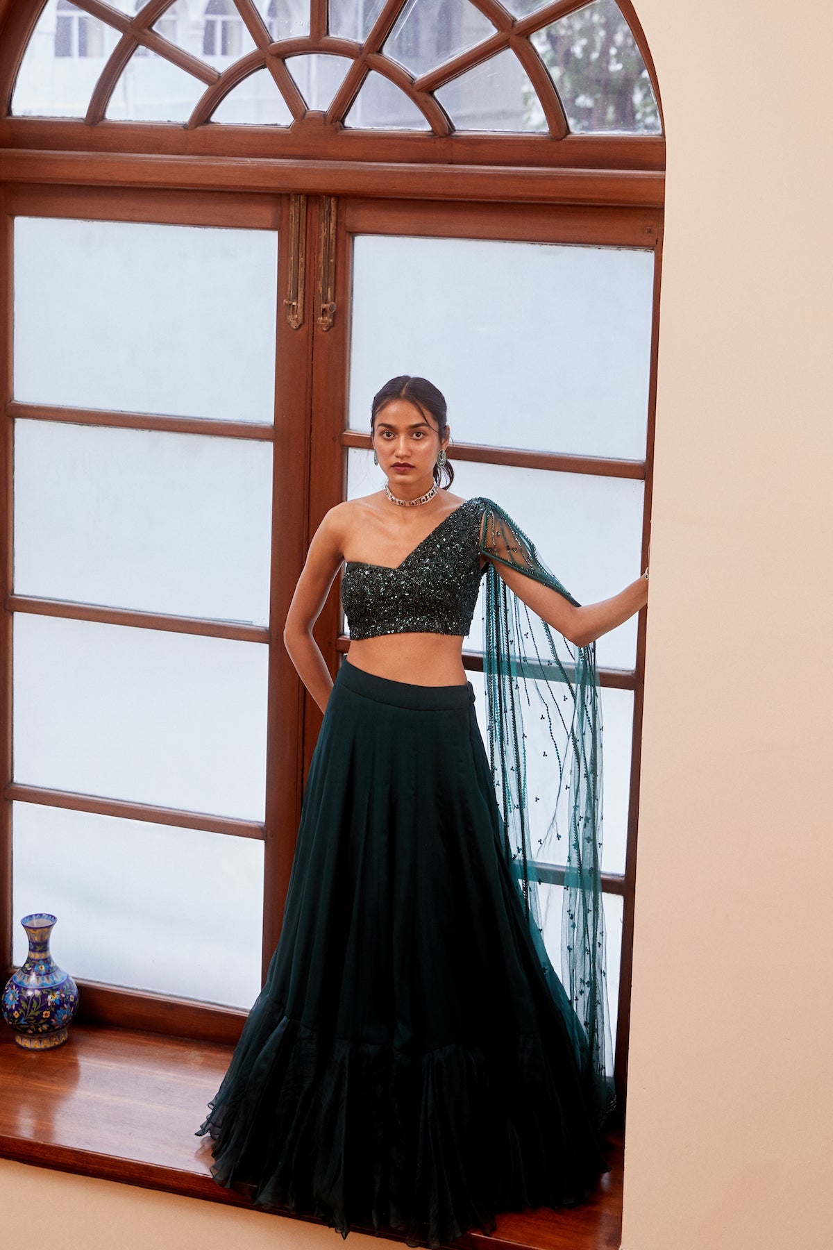 Teal Green Tonal Embroidered Blouse and Lehenga Set