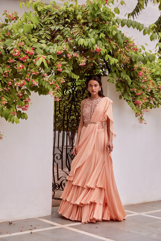 Rose Gold Tonal Embroidered Blouse and Saree