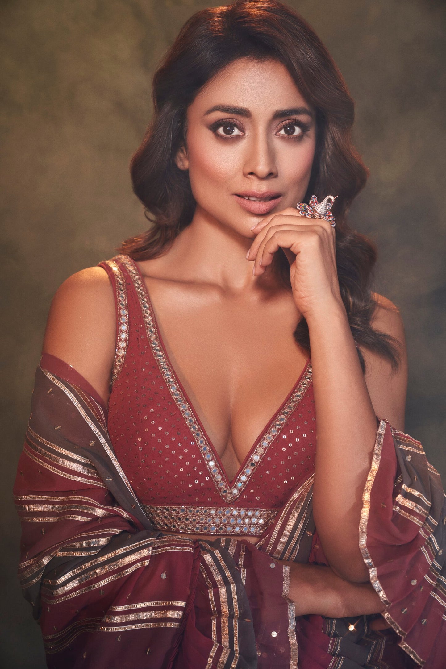 SHRIYA SARAN IN Gota Pre Draped Charcoal Grey Multicolor Saree Set