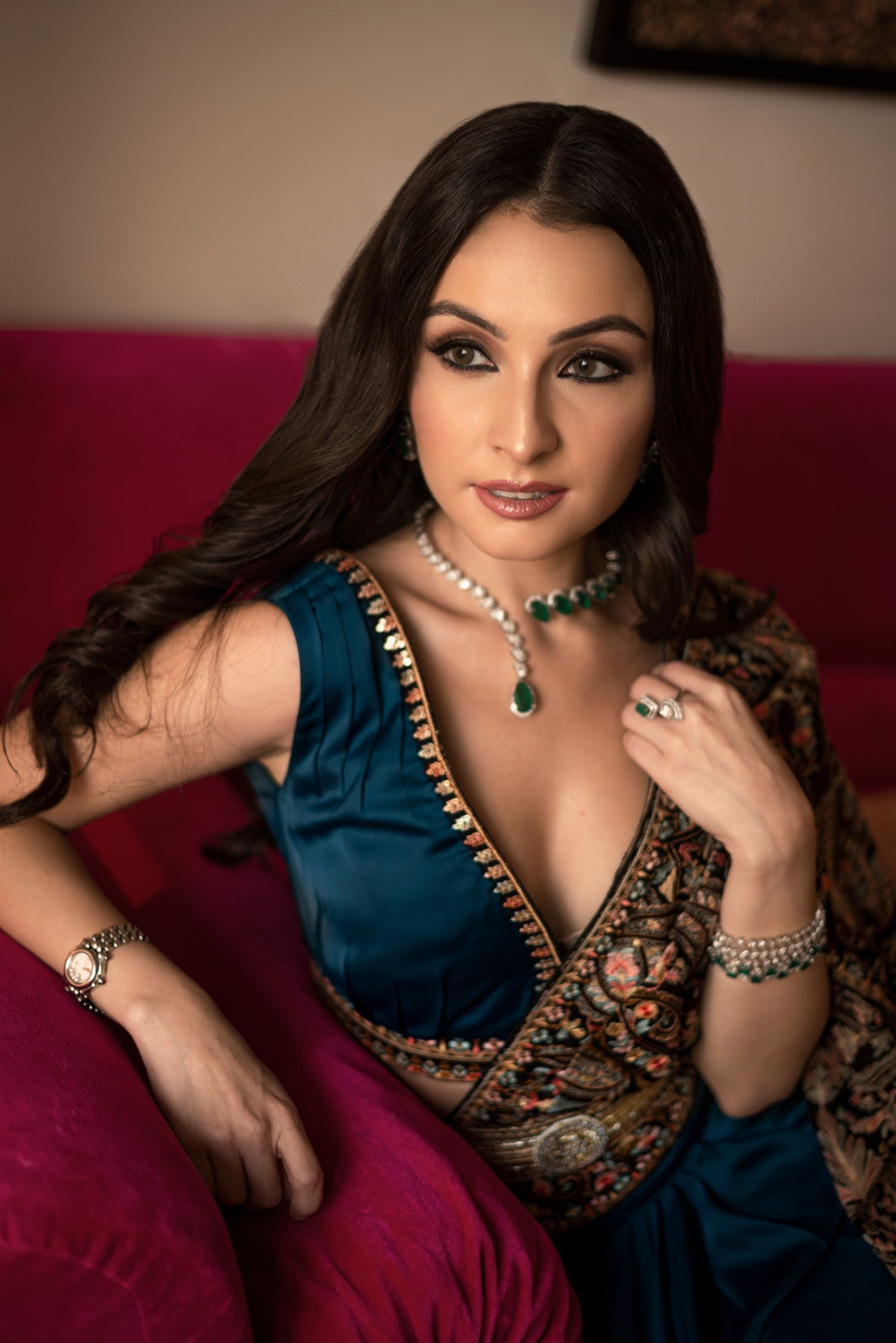 Women's Teal Embroidered Draped Saree Skirt Set