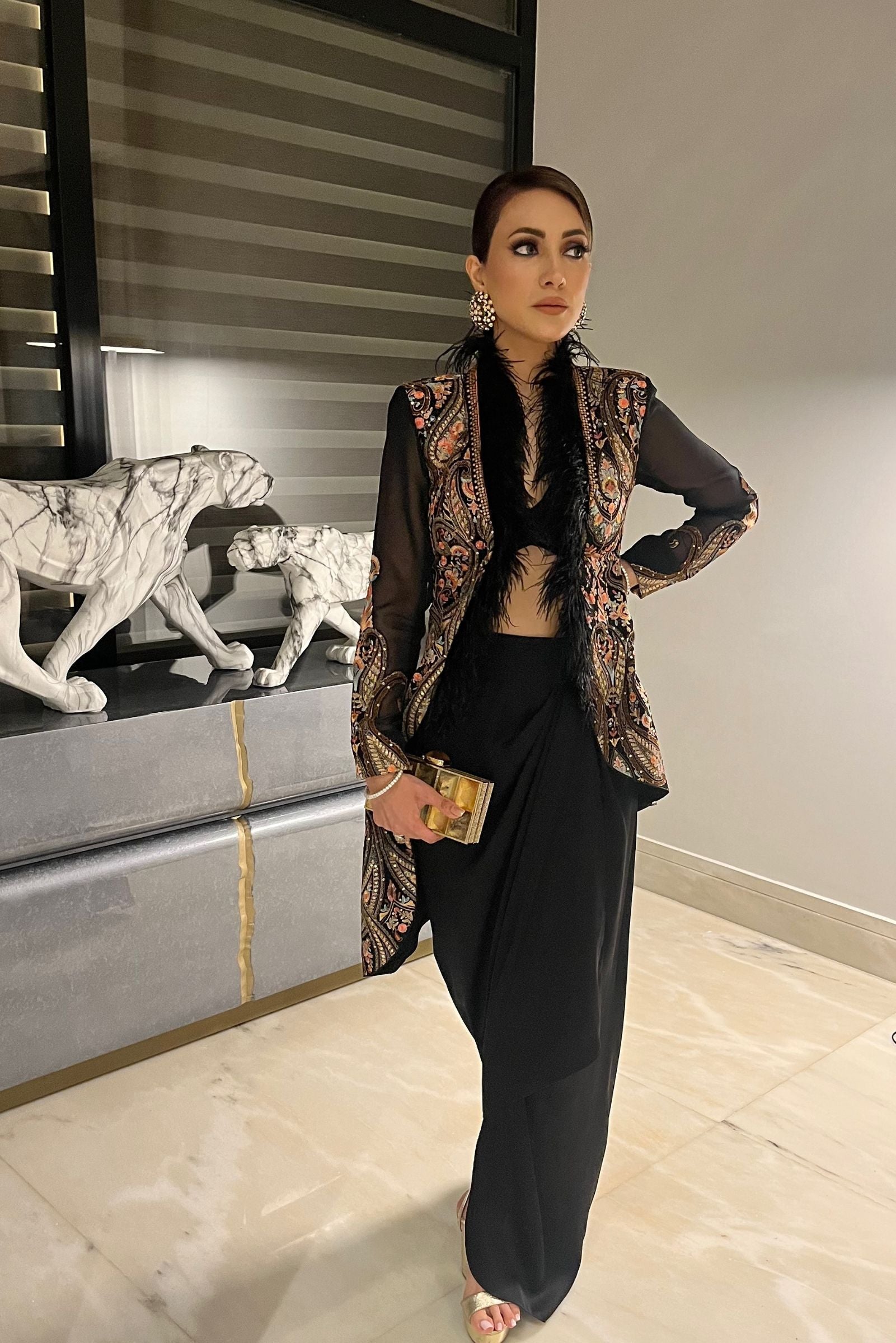 Women's Black Embroidered Kashida Jacket Set