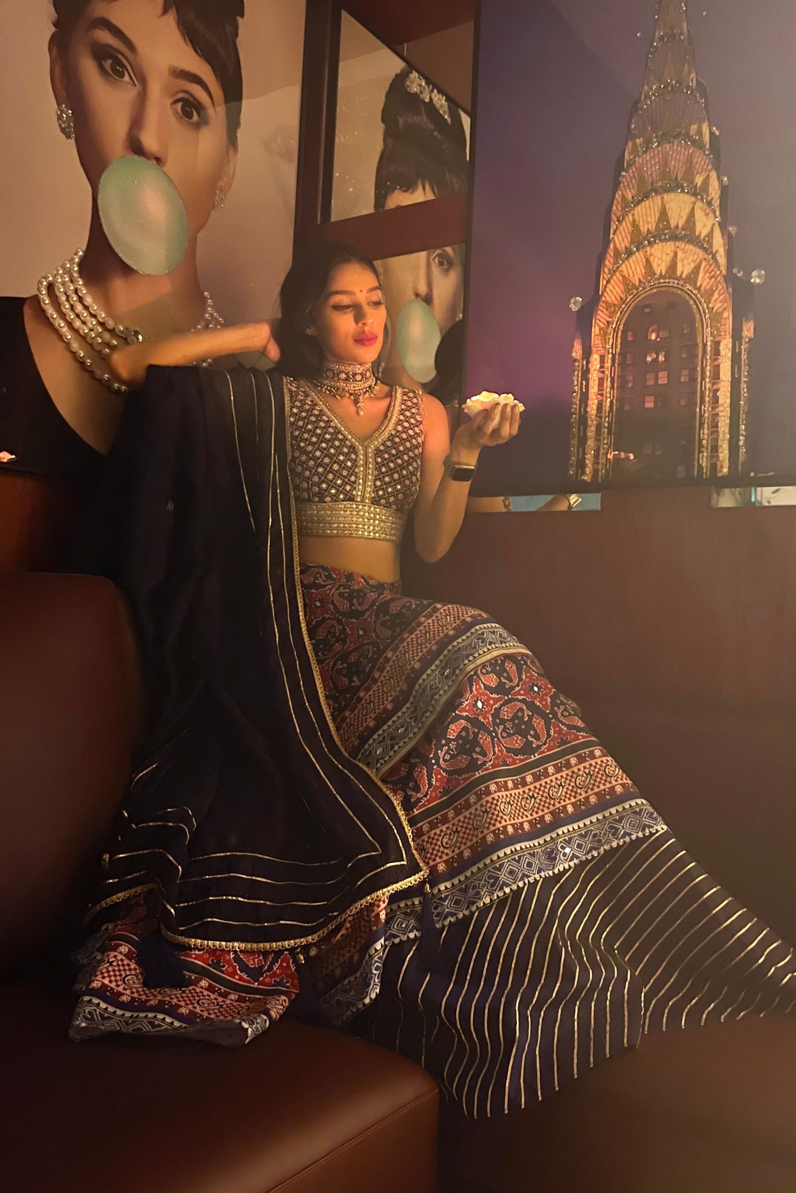 Blue Printed Embroidered Asymmetrical Lehenga