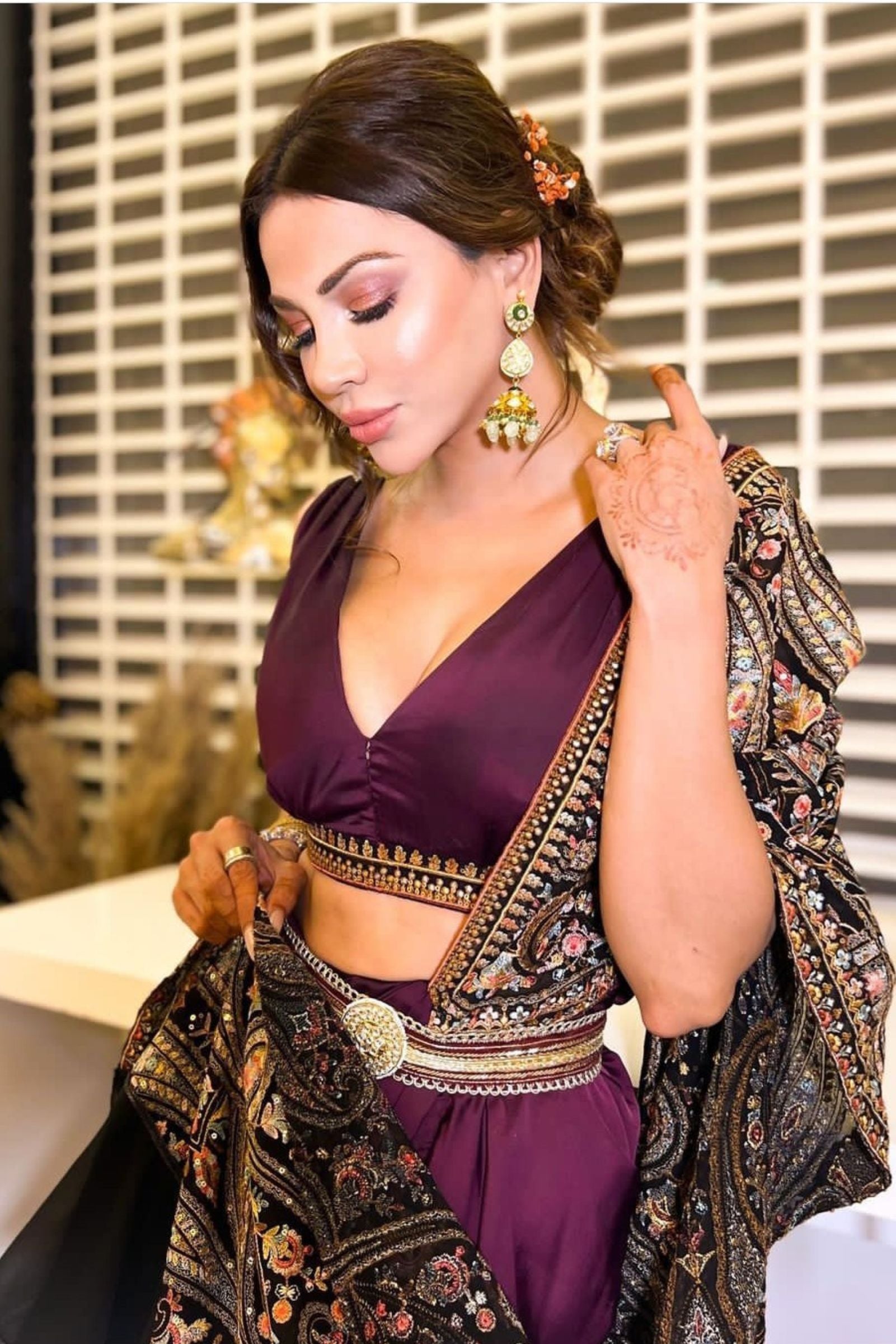 Buy Wine Kashida Embroidered Draped S