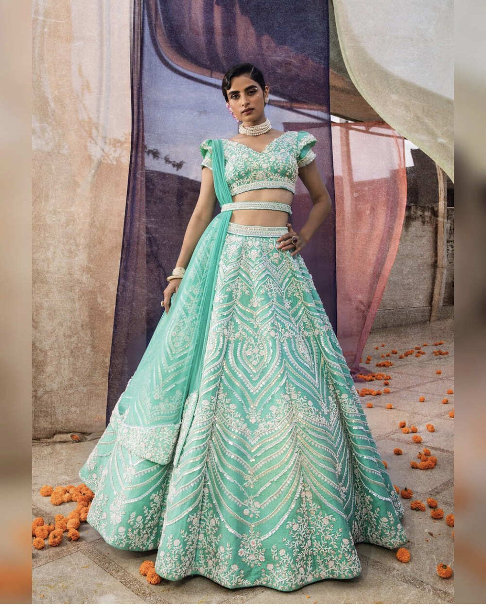 Sage Green Silk Pearl Sequin Embroidered Lehenga Set