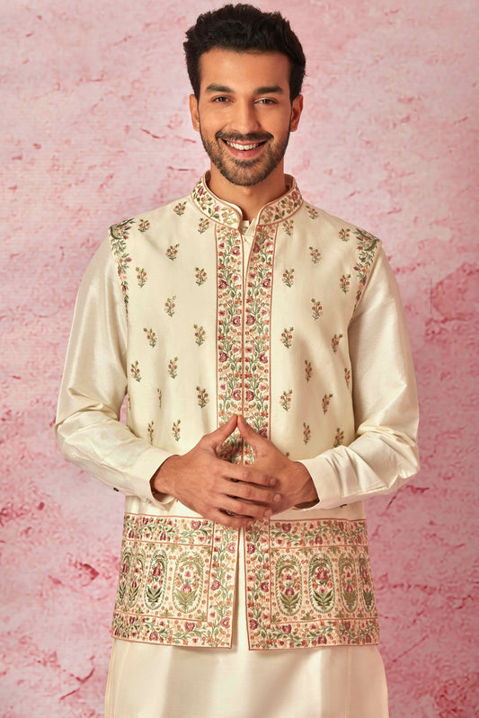 Shop Quality Cream Silk Kurta Bundi Set with Resham Floral Embroidery