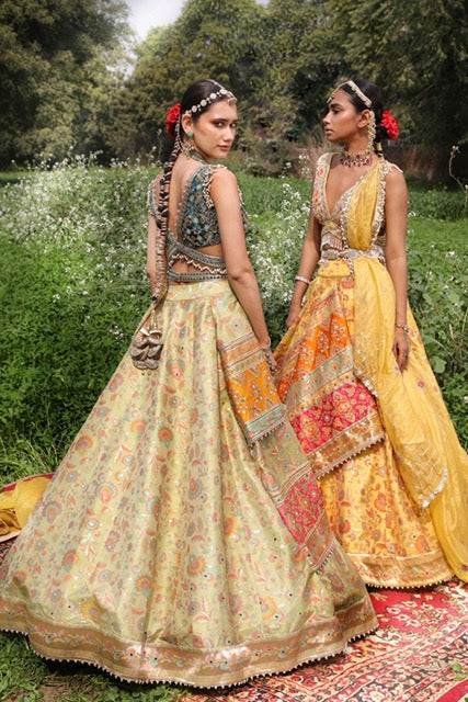 Women's Double Layered Peach Floral Lehenga Set backview