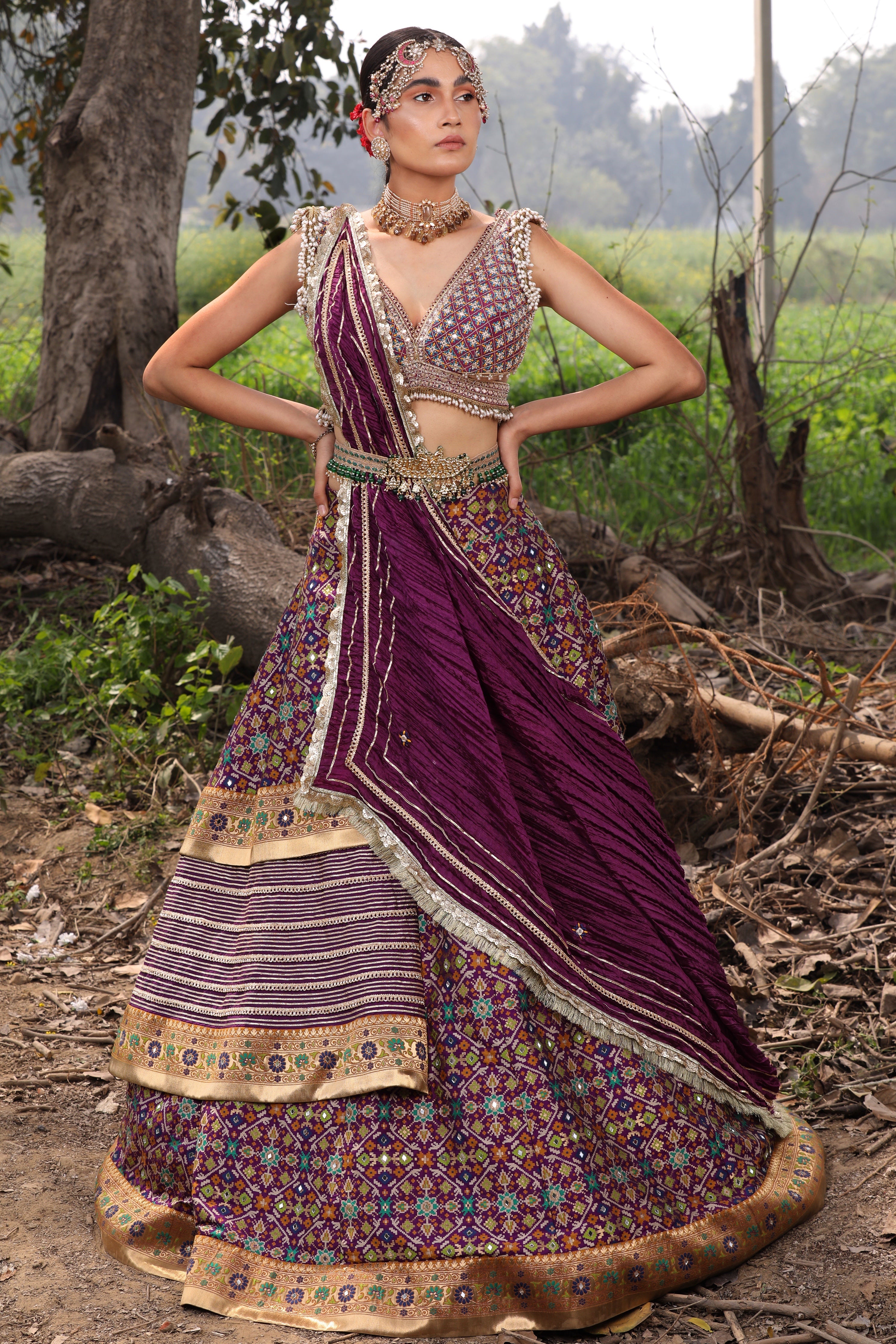 Women's Mulberry Purple Ikat Lehenga Set