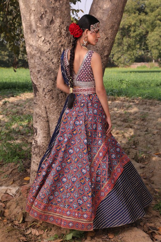 Women's Midnight Blue Woven Patola Lehenga Set