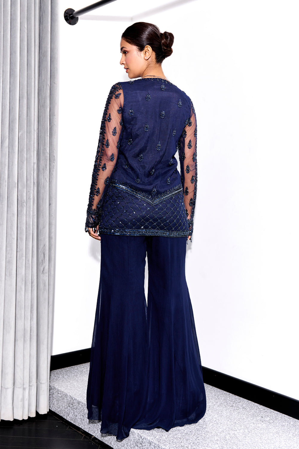Midnight Blue Tonal Embroidered Kurta and Pants Set
