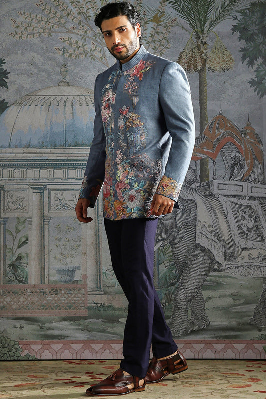 Dusty Blue Floral Embroidered Bandhgala Set
