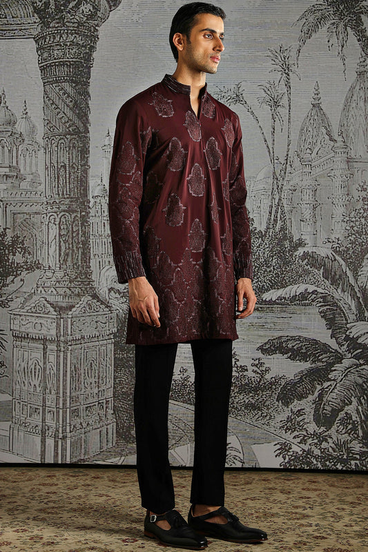 Maroon Textured Royal Kurta Set
