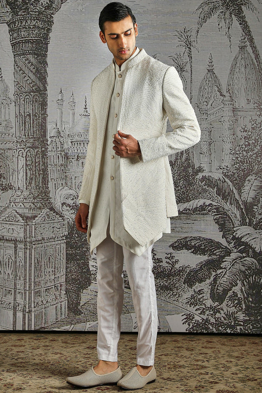 Ivory Structured Jacquard Indowestern Set