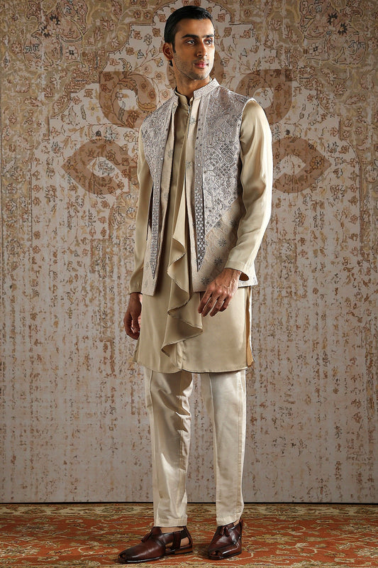 Champagne Draped Kurta with Heavy Embroidered Bundi Set