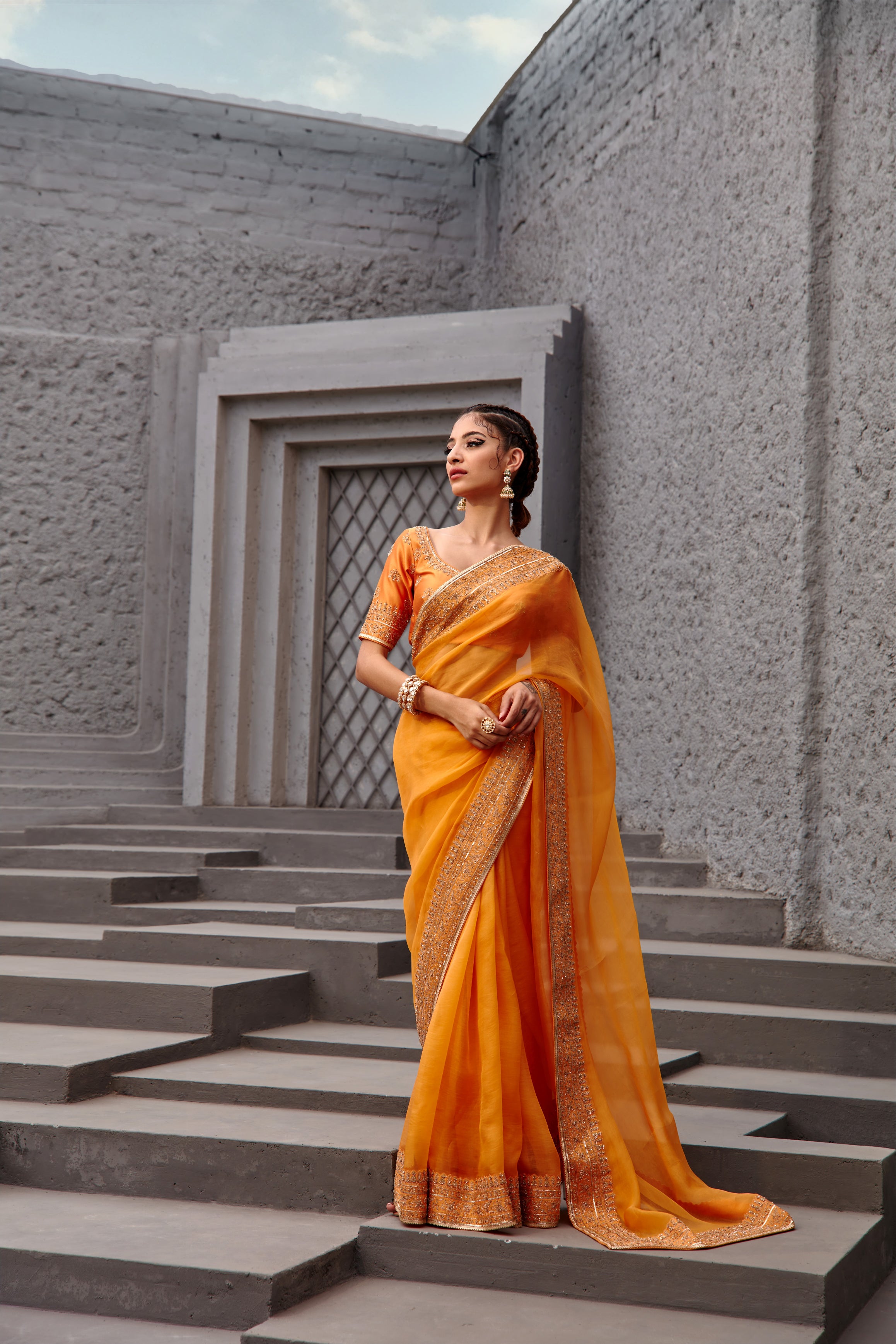 Tangerine Orange Organza Sequin Embroidered Saree Set