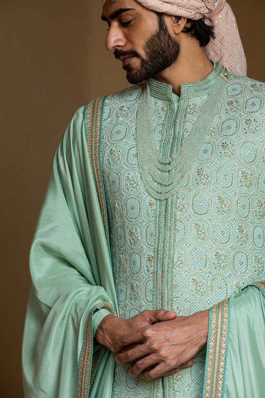 Mint Green Monga Embroidery Achkan with Kurta and Pants