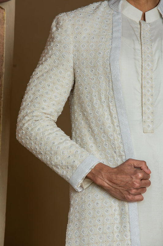 Ivory Embroidered Long Jacket with Kurta and Salwar