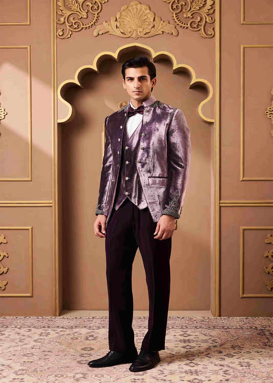 Lilac Embroidered Coat and Vest with Pant