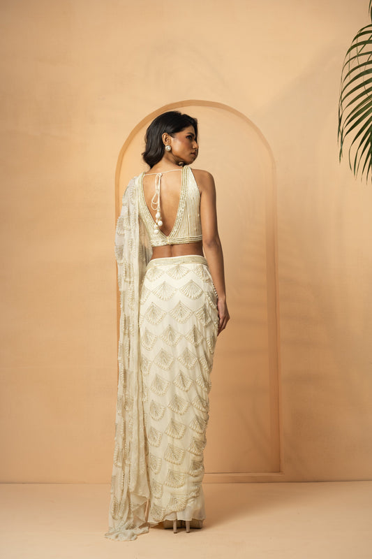 Ivory Embroidered Drape Saree – Perfect for Weddings & Parties
