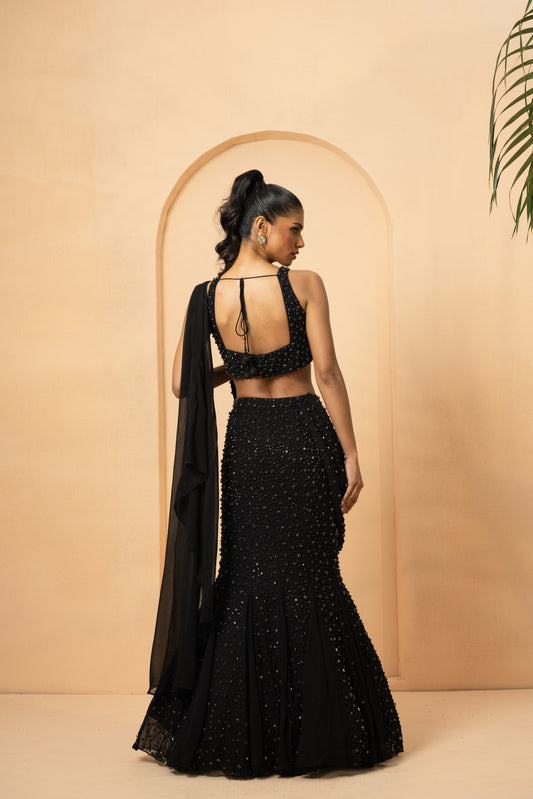 Black Fishtail Lehenga with Twisted Drape Dupatta