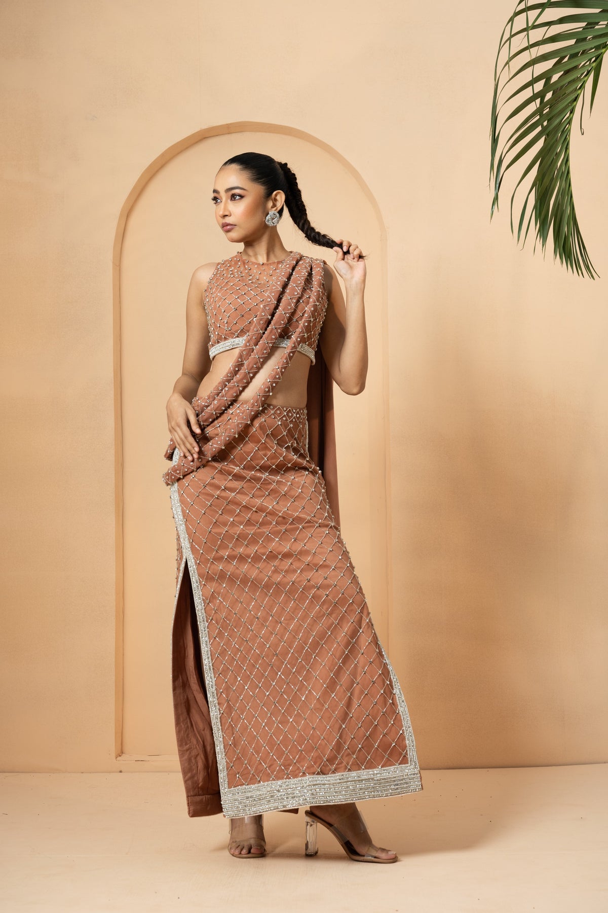 Beige Saree with Twisted Drape Dupatta