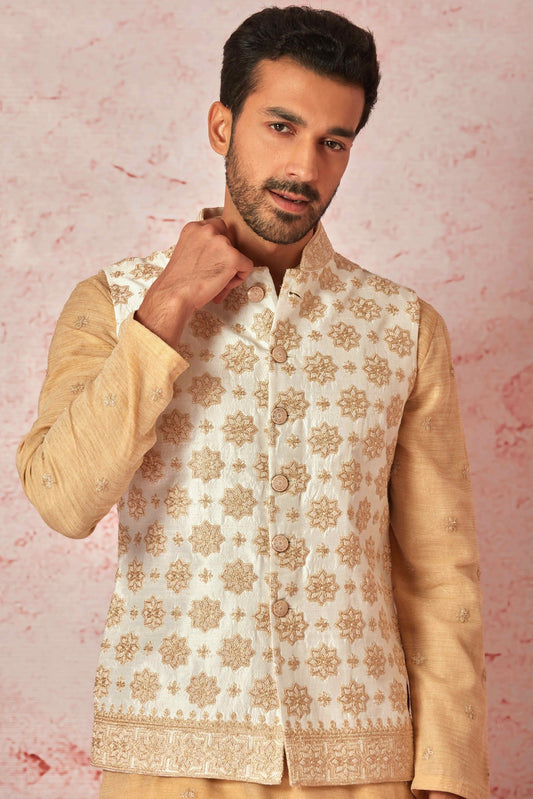 Cream Raw Silk Bundi with Beige Tussar Silk Kurta Set