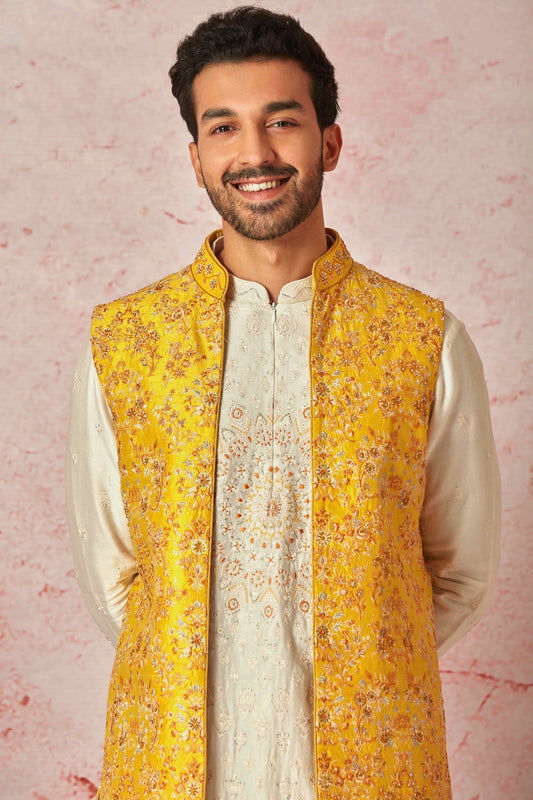Mustard Raw Silk Long Bundi with Cream Silk Short Kurta