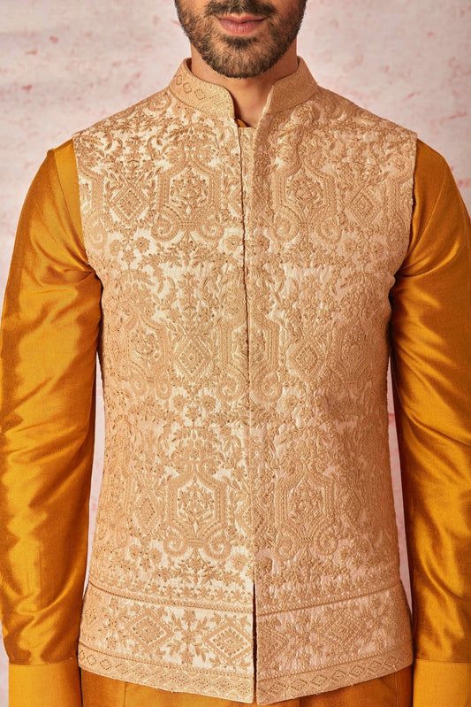 Opulent Beige Bundi and Vibrant Orange Kurta Ensemble