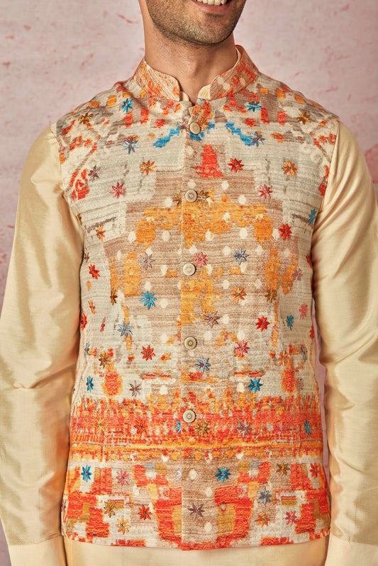 Cream Floral Embossed Linen Kurta Bundi Set