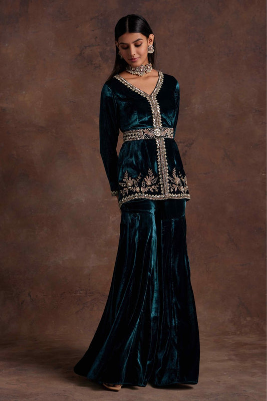 Green Velvet Peplum With Belt and Sharara Set