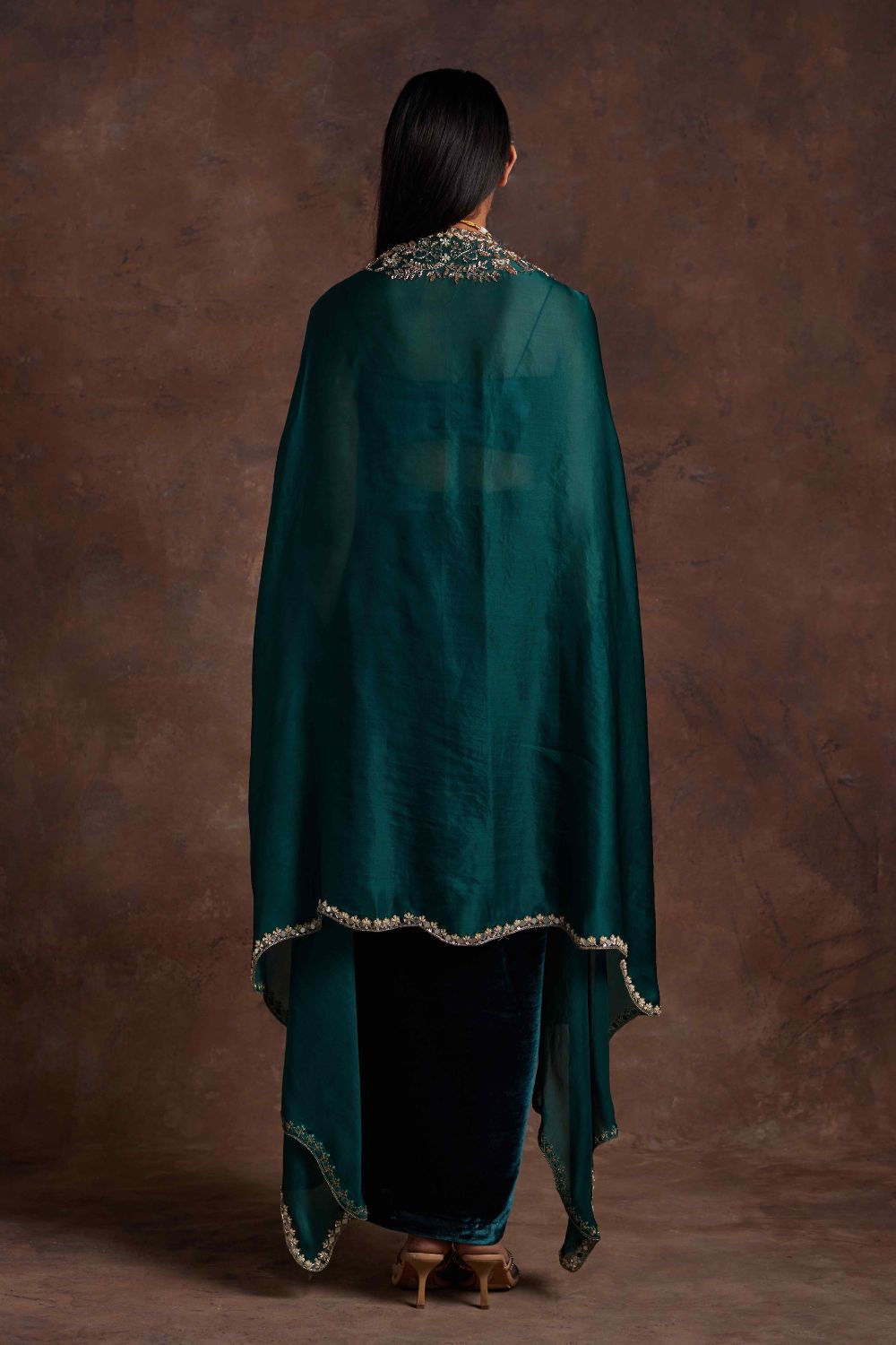 Green Velvet Drape Skirt Bustier and Organza Cape Set
