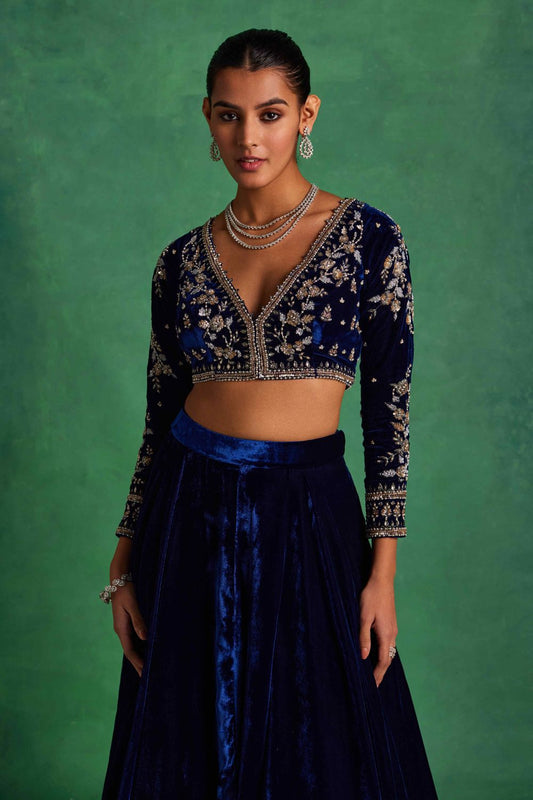 Blue Velvet Lehenga and Blouse Set
