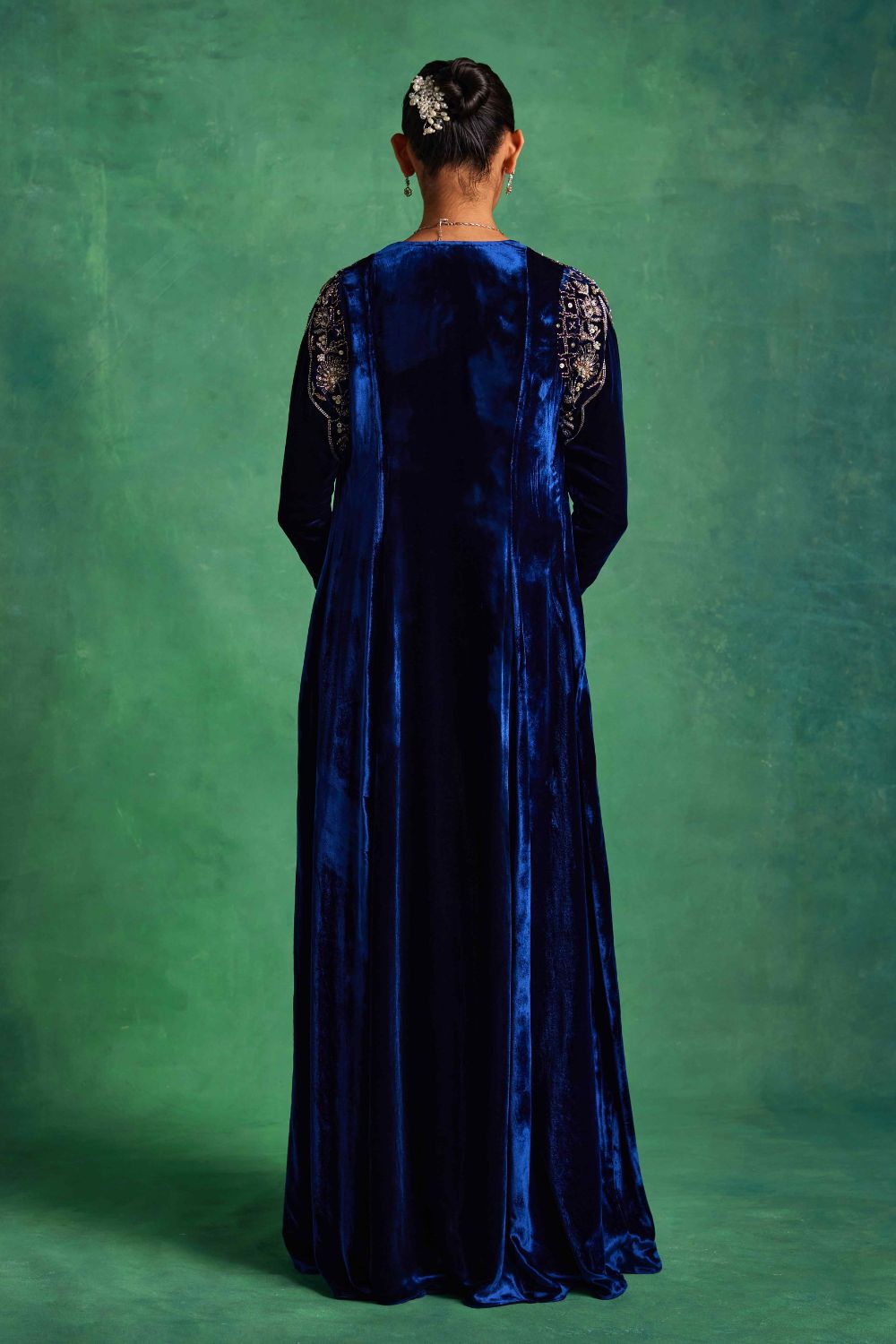 Blue Velvet Long Jacket With Bustier and Pants Set