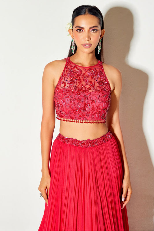 HOT PINK TONAL BLOUSE AND PLEATED LEHENGA SET