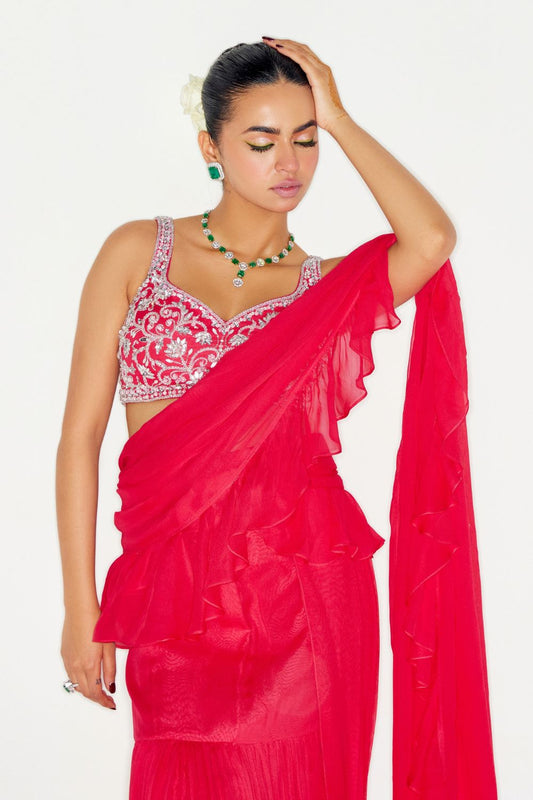 HOT PINK RUFFLE SAREE