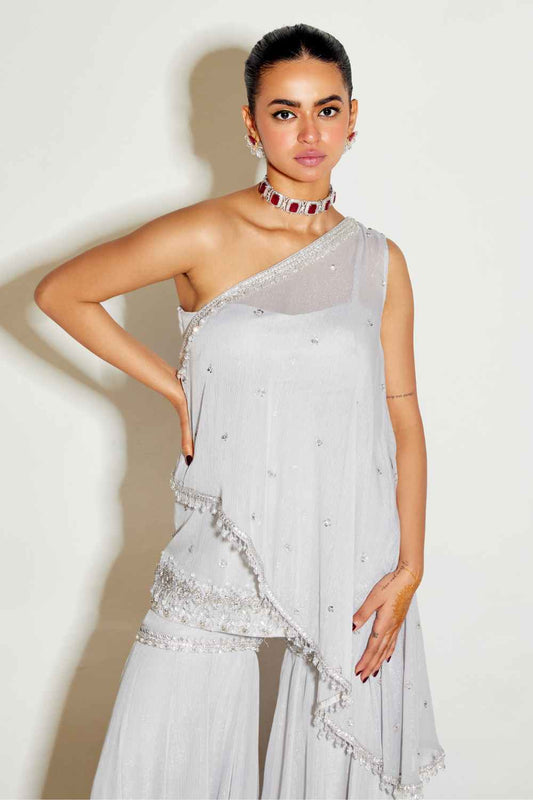 GREY ONE SHOULDER CAPE AND SHARARA SET