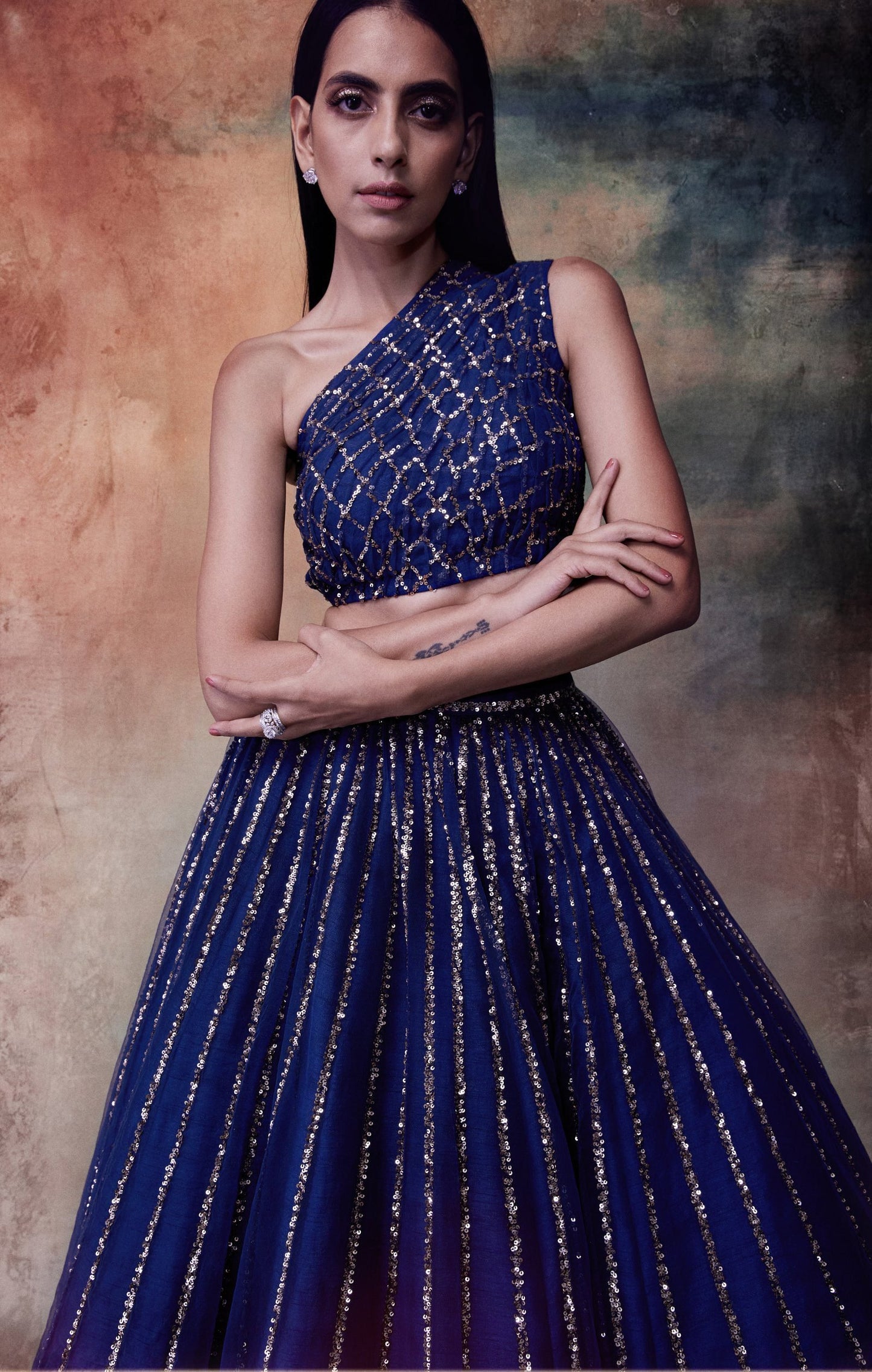 Midnight Blue One Shoulder Crop Top Skirt Set