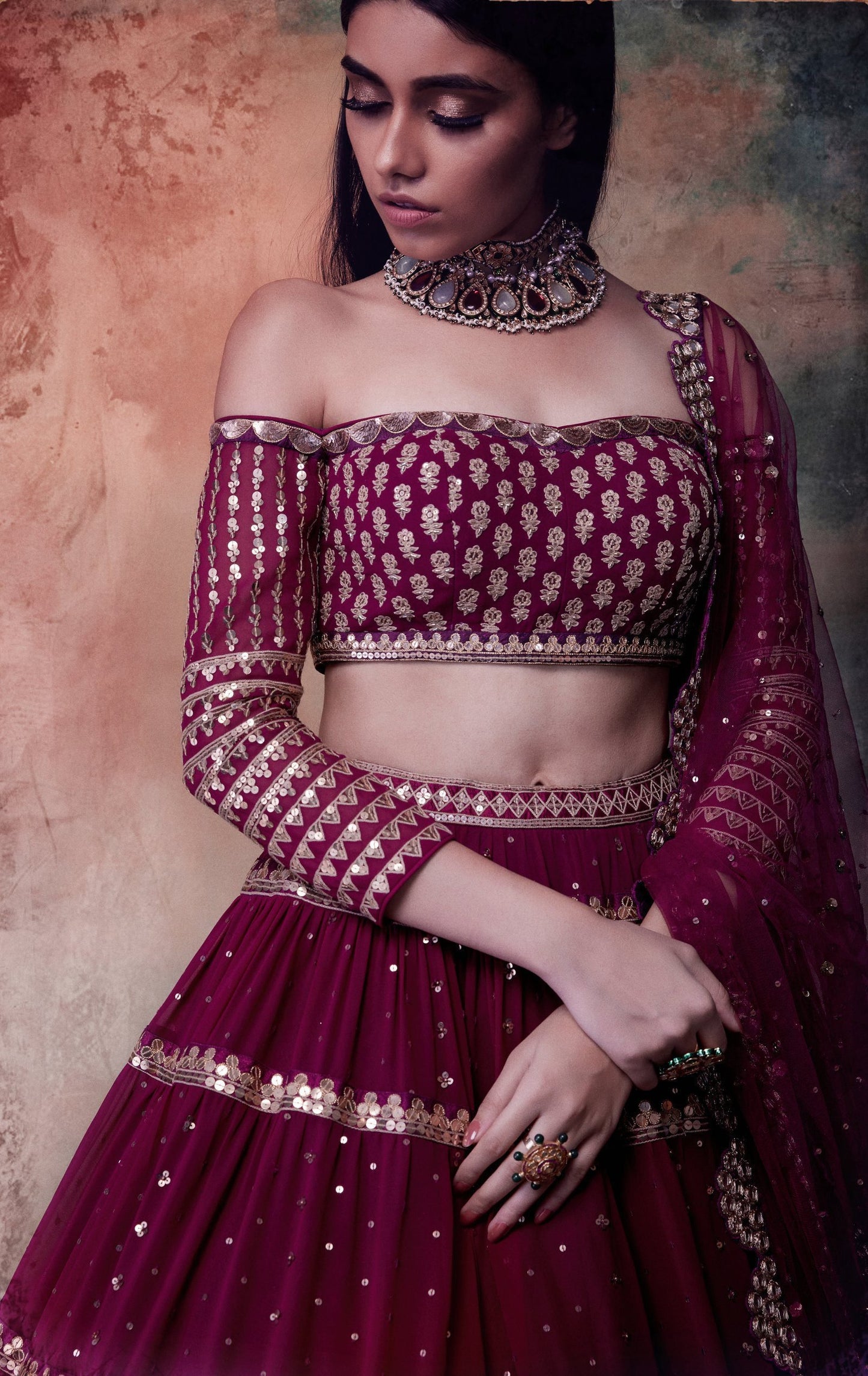Wine Off Shoulder Tier Lehenga Set