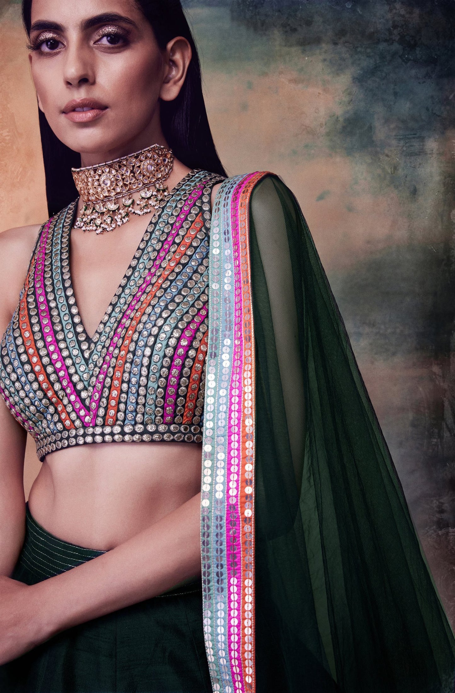 Multi Stripe Blouse Lehenga Set