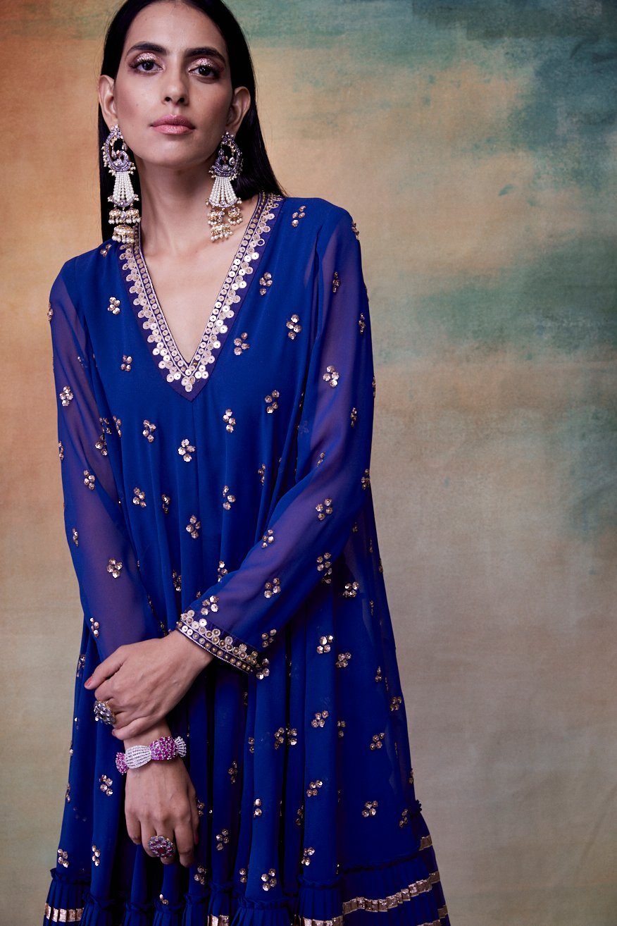 MidNight Blue A-Line Gota Frill Kurta & DhotiI Set