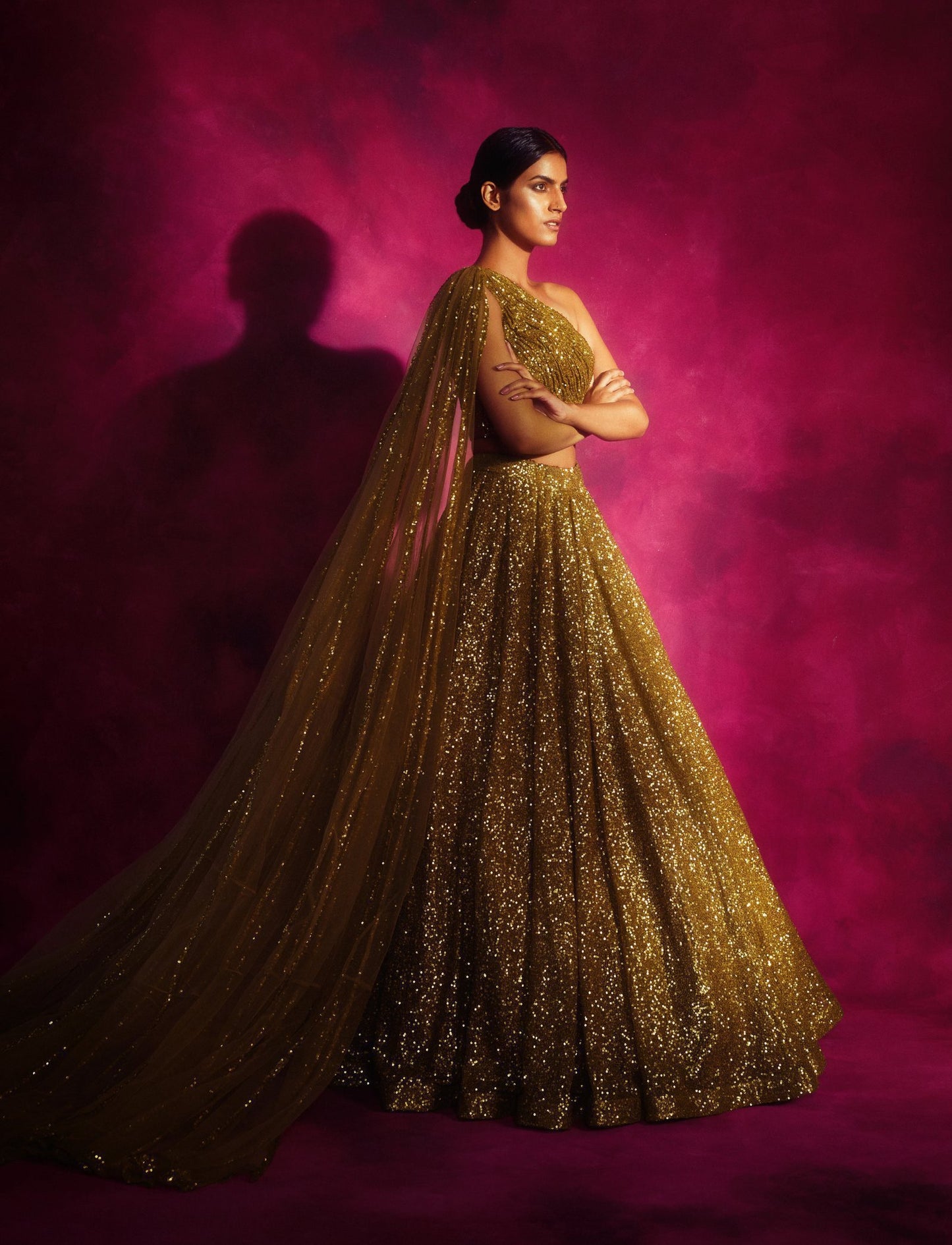 Dull Gold One shoulder Veil Lehenga Set